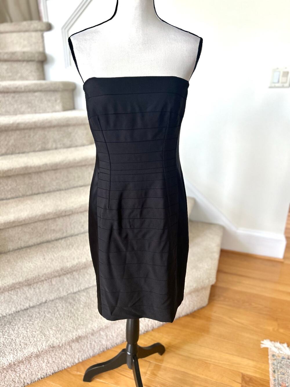 Vintage Y2K Ann Taylor Black Satin Stretch Bandage Strapless Wedding Guest Dress